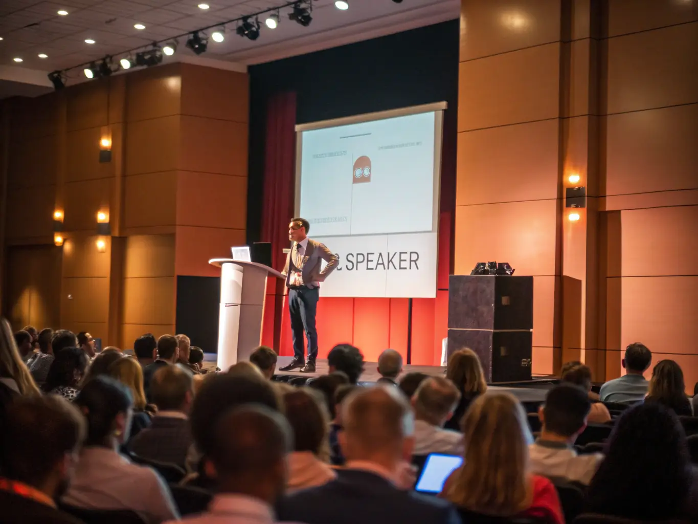 A dynamic photograph capturing a keynote speaker passionately addressing a large audience at a Startupsummit conference in Mumbai, India.