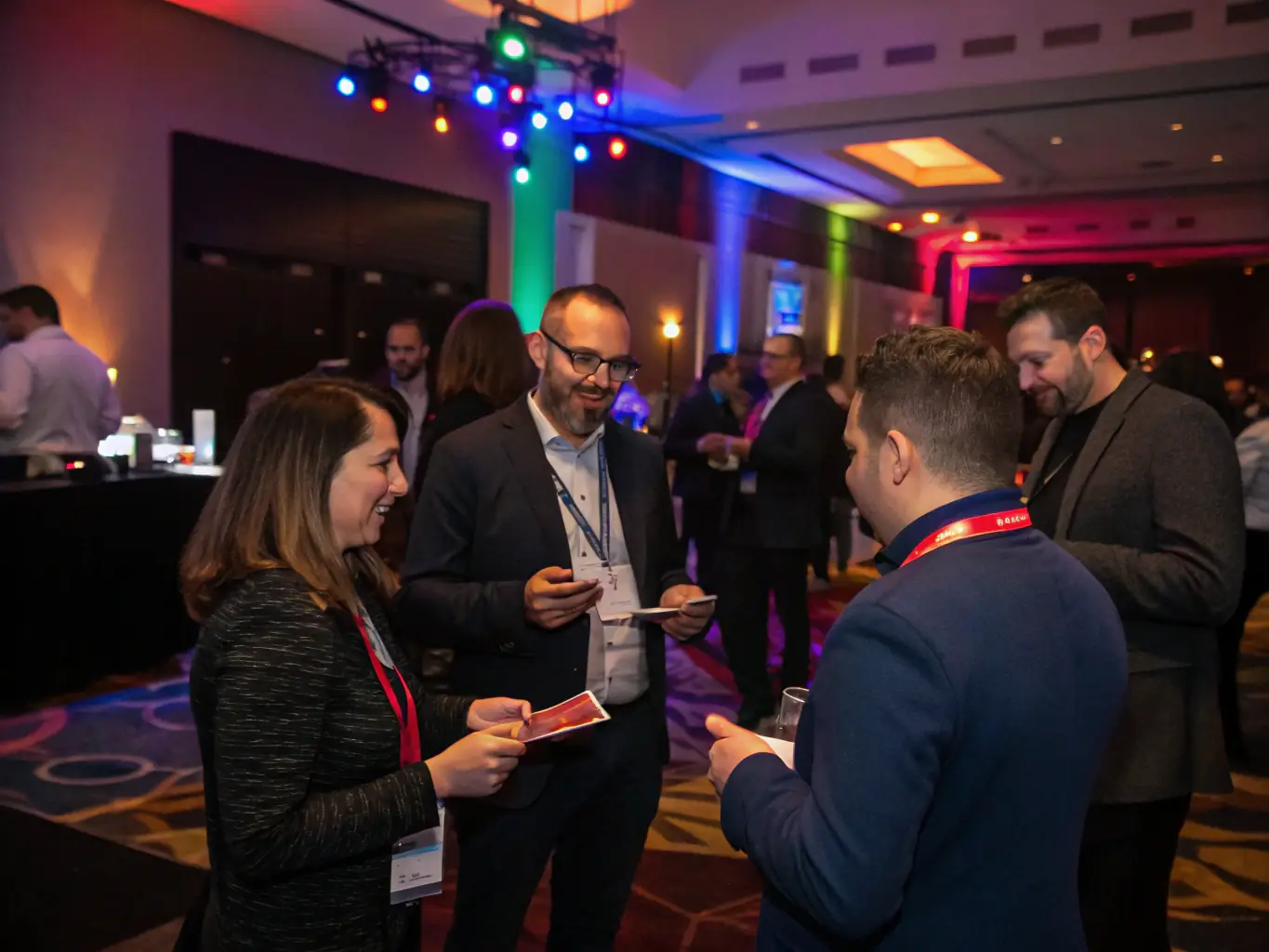 A photograph of attendees networking during a coffee break at a Startup Summit conference, with people actively engaging in conversations and exchanging business cards.